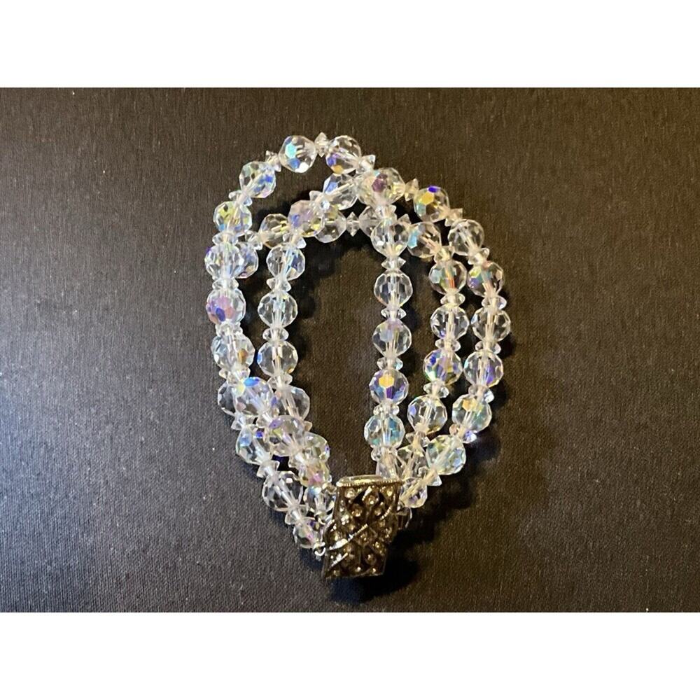 6.75in 3 Strand Faceted Glass Bead, Rhinestone Vintage Bracelet